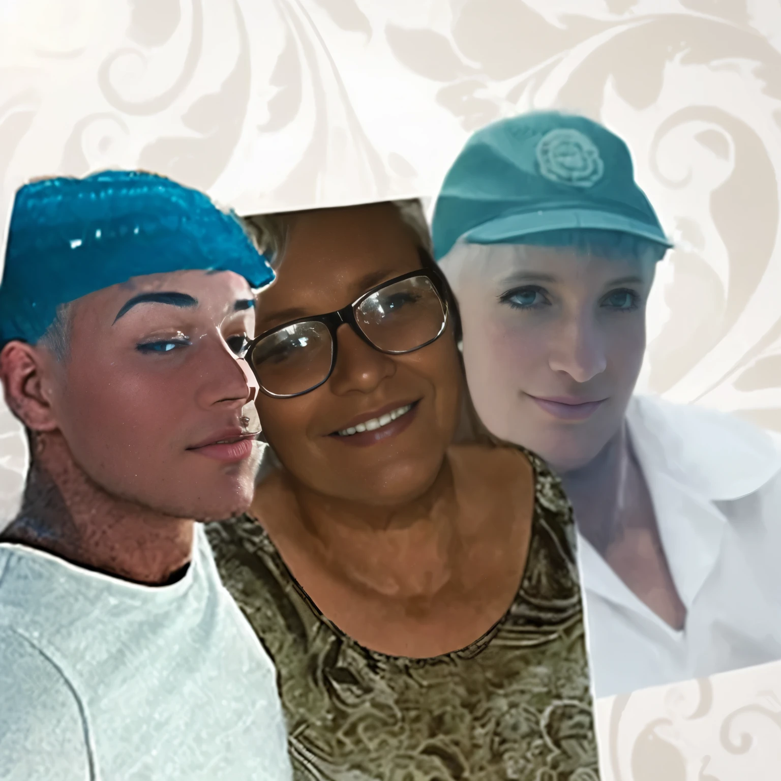 there are two women with blue hair and a man with a hat, arte digital. @mariomaniacdude, digital colagem, ( colagem ), foto do snapchat, arte digitalwork, arte digital!!, imagem de perfil, looks like fabiula nascimento, Mom and Dad, por David Rubin, powder Nándor Katona