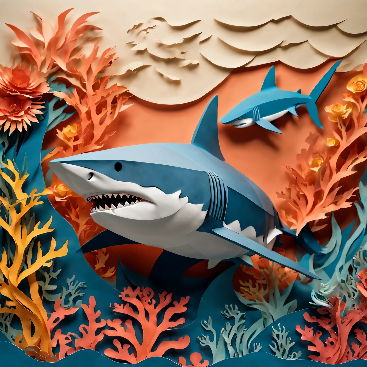 best quality,high resolution,Super detailed,actual,sharp focus,professional,Paper-cut art,Paper cutting technology,exquisite paper crafts,Beautiful paper art design,paper fish,paper shark,Bold and intricate paper cuts,Eye-catching and lifelike shark shapes,Meticulous attention to detail,Delicate paper texture,Paper artwork with depth and dimension,Creative use of negative space,paper silhouette art,paper shark swimming in a vivid and dynamic underwater scene,Vibrant colors blend seamlessly,Tranquil ocean background,Coral reefs and seaweed,Paper waves and water ripples,Subtle lights and shadows,submerged paper shark capturing a moment of graceful movement,Folk art inspired paper sculptures,paper shark artwork reflecting Chinese cultural heritage,An artistic interpretation of the power and grace of sharks.
