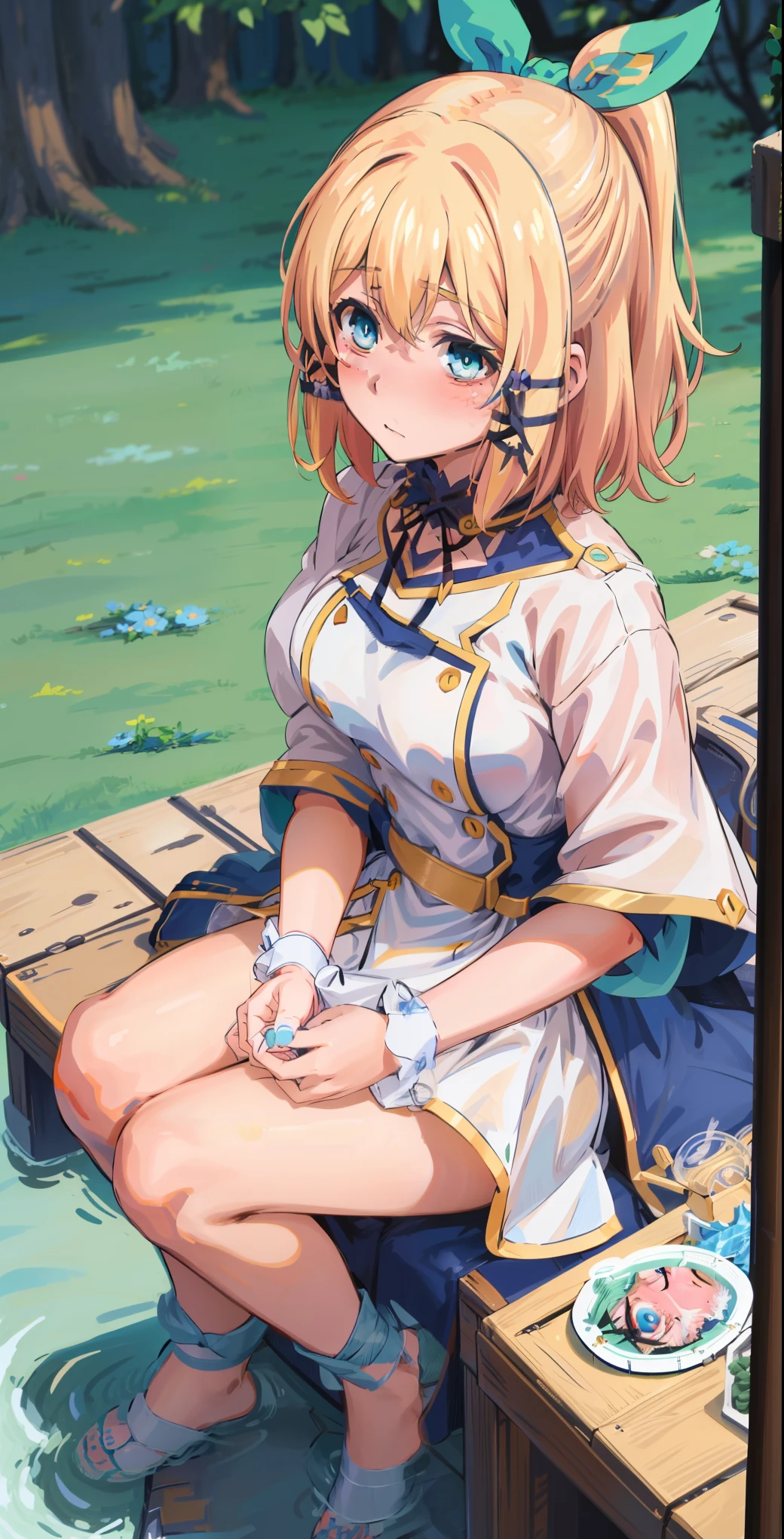 best quality, (masterpiece:1.2), detailed, medieval,
Rumia Tingel,
1girl, solo, ((blush)),
medium hair, blonde hair, short ponytail, blue eyes, green bow, x hair ornament,
((( blue eyes, ultra-detailed eyes))),
Dynamic pose, ((blush)), medium breasts, medium hair, background, perfect anatomy, healthy skin, glowing eyes, cat ears. sitting .