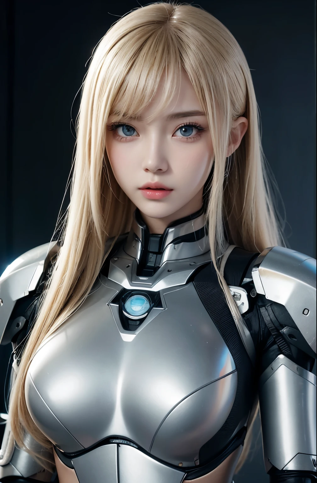 Textured skin, Super Detail, high details, High quality, Best Quality, hight resolution, 1080p, hard disk, Beautiful,(cyborgs),(Missiles from the chest),美しいcyborgsの女性,メカcyborgsガール,Battle Mode,Girl (charming Russian model Nata Lee ) with a Mecha Body, light blonde hair, 彼女は武器を持ったバトルcyborgsメカを身に着けています,Fulll body Shot
