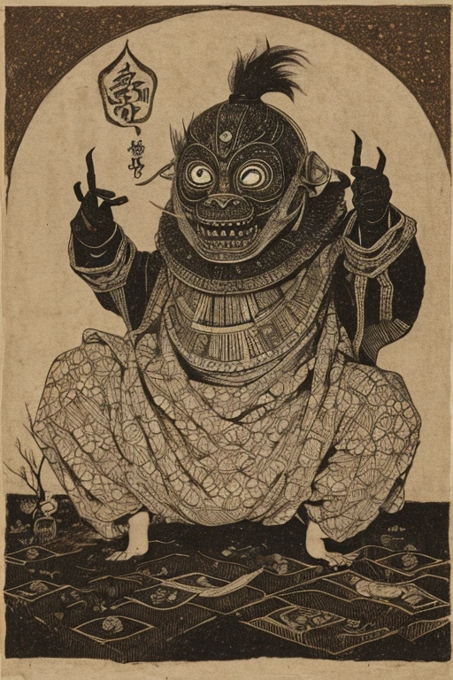((jumpscare)), Outline warm color, ((festival)), ((Chojugiga)), ((Shihon Bokuga)), antique, (anthropomorphism), (Sumi-e), Monochrome art, (Old paper style illustration), (hunting paintingural style, Little monster, old performance, variational pointillism, flat illustration, eerie, horror elements, eerie worldview, (primitive art), Outline warm color, old picture scroll style, old staging, Ancient mural style