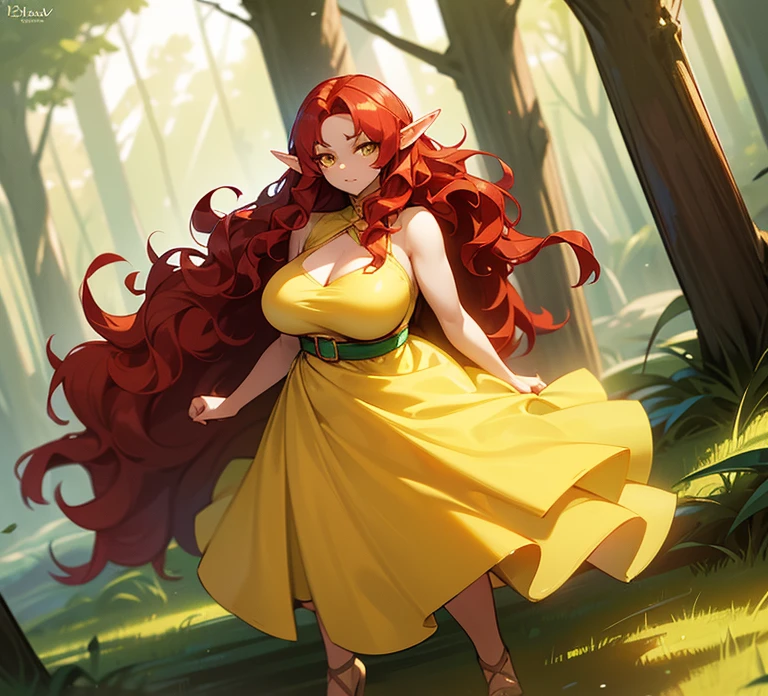 (((An elf woman alone))),(((light skin))),(((Wavy red hair))),(((yellow eyes and a sharp look))),(curvy body),(((wearing pretty dress)))