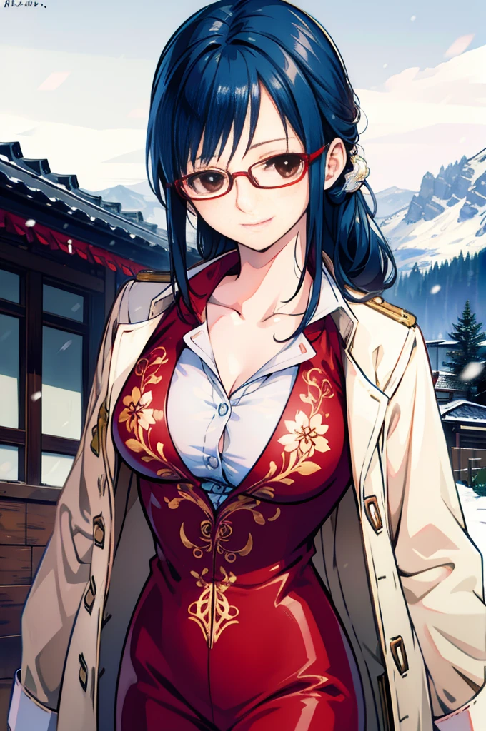 Ultra-realistic 8k CG, masterpiece, ((super detailed background, delicate pattern, intricate details)), (very detailed, small details), highest quality, (realistic:1.4),beautiful lighting,  disorganized, RAW photo, film grain, ((medium breasts, slim girl)), Tashigi, 1 girl, alone, black hair, Glasses, epaulet, gloves, closed mouth, blue hair,  long hair, red frame glasses, pants, coat, shirt, brown eyes, Floral, (intricate detailsな背景, snowy nature environment, snow, daytime, Sunny, close, portrait),((slim girl, medium breasts)), In town、walking、smile,big breasts