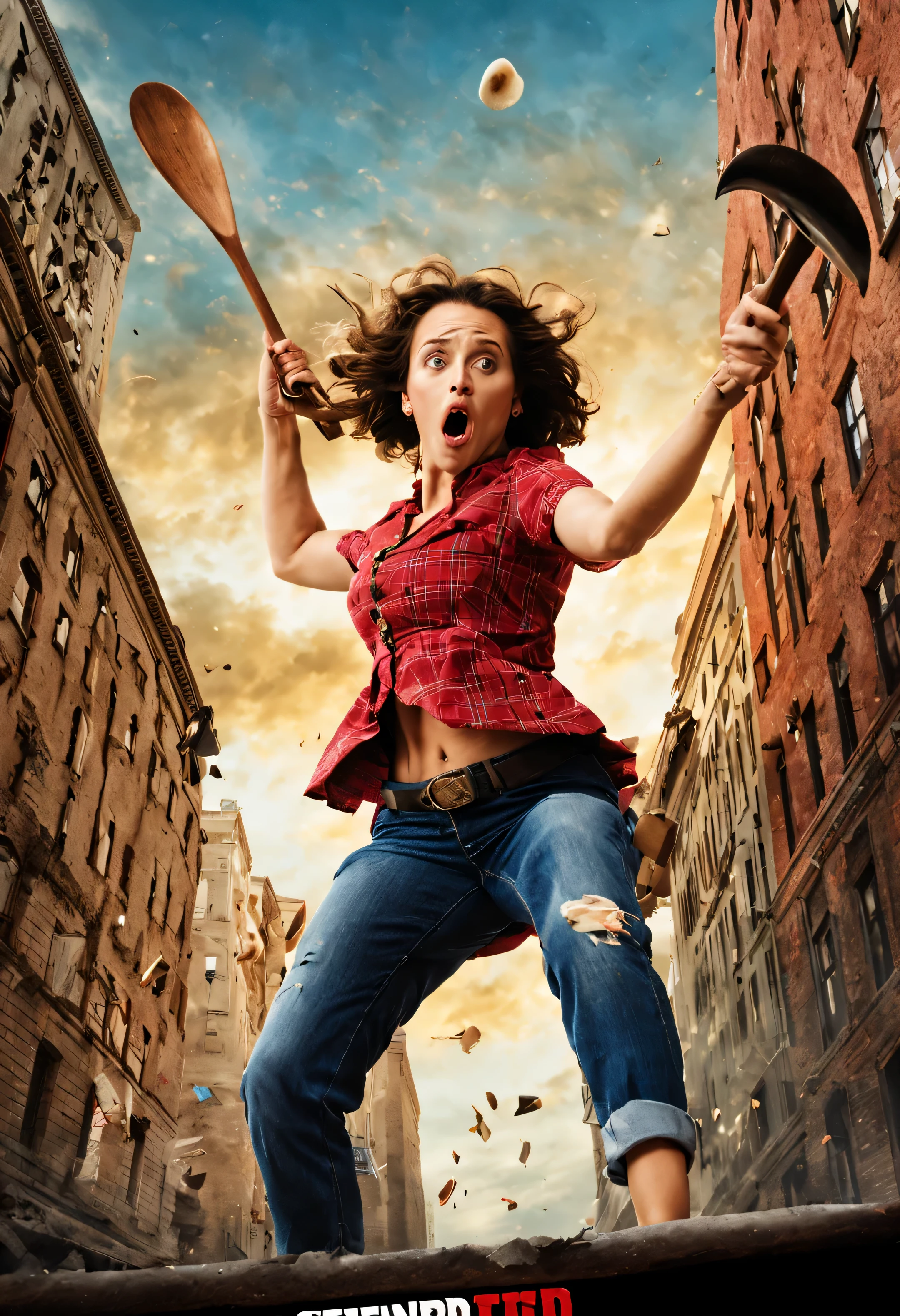 centered, A comedy  movie poster , a very beautiful young woman, a view from bottom to top, dramatic movements, a shootout with  a spoon and slingshot, in the city, atmosphere, cinematography, photography, 