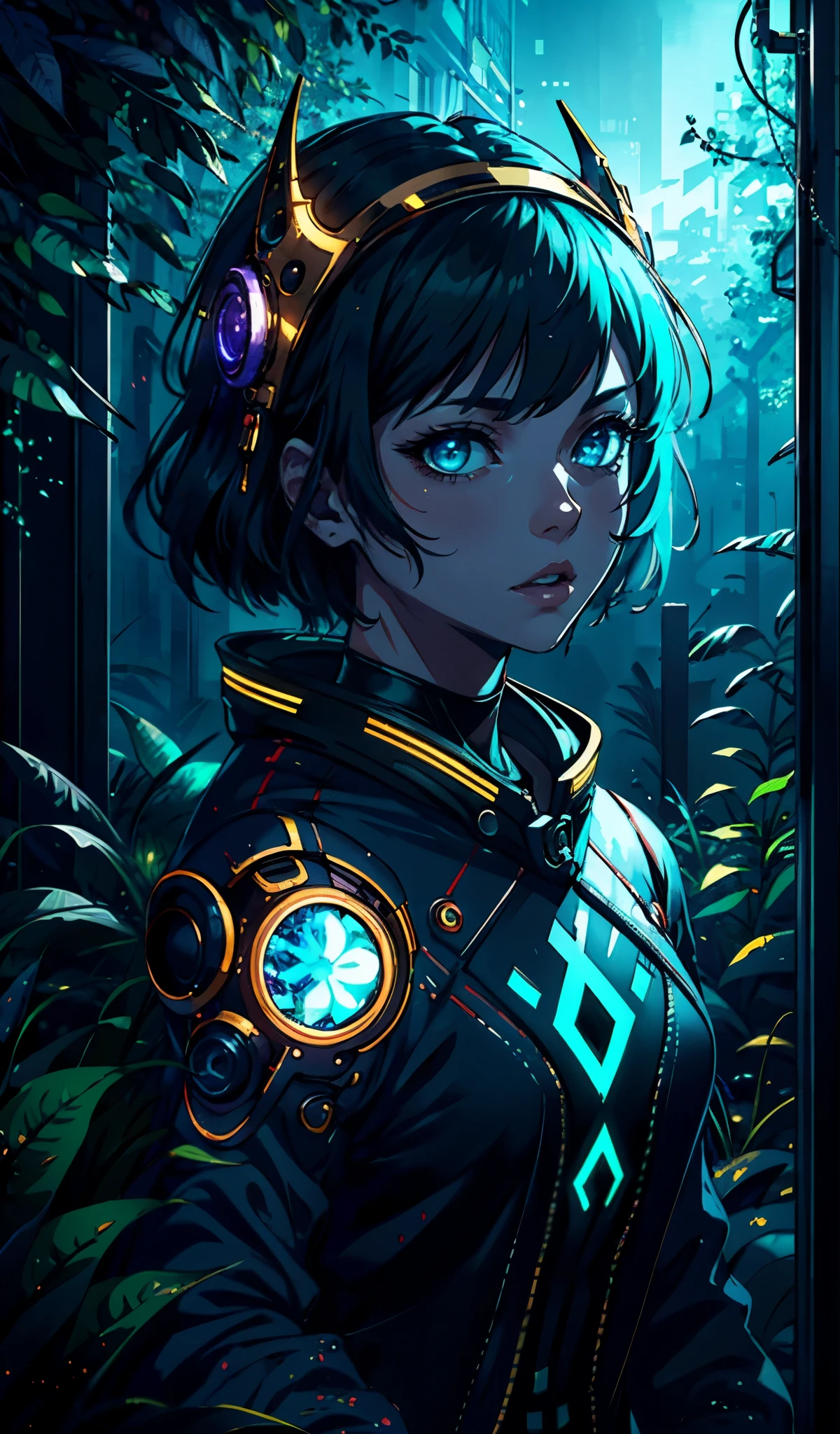 portrait | wide angle shot of eyes off to one side of frame, lucid dream-like woman, looking off in distance ::8 style | daydreampunk with glowing skin and eyes, styled in headdress, beautiful, she is dripping in neon lights, very colorful blue, green, purple, bioluminescent, glowing ::8 background | forest, vivid neon wonderland, particles, blue, green, purple ::7 parameters | rule of thirds, golden ratio, assymetric composition, hyper- maximalist, octane render, photorealism, cinematic realism, unreal engine, 8k