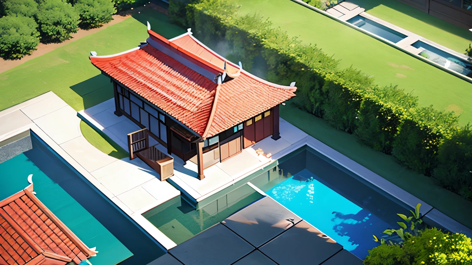 Rendering of a house with courtyard and garden in front, There is a fish pond and courtyard, Zoom out, perspective, 3D perspective, aerial perspective, architectural visualization, view from above, lumion rendering, Viewed from slightly above, Architectural renderings, overall architectural design, housing, dramatic front view, architectural concepts, rendered in lumion pro,Chinese garden,Huipai style
