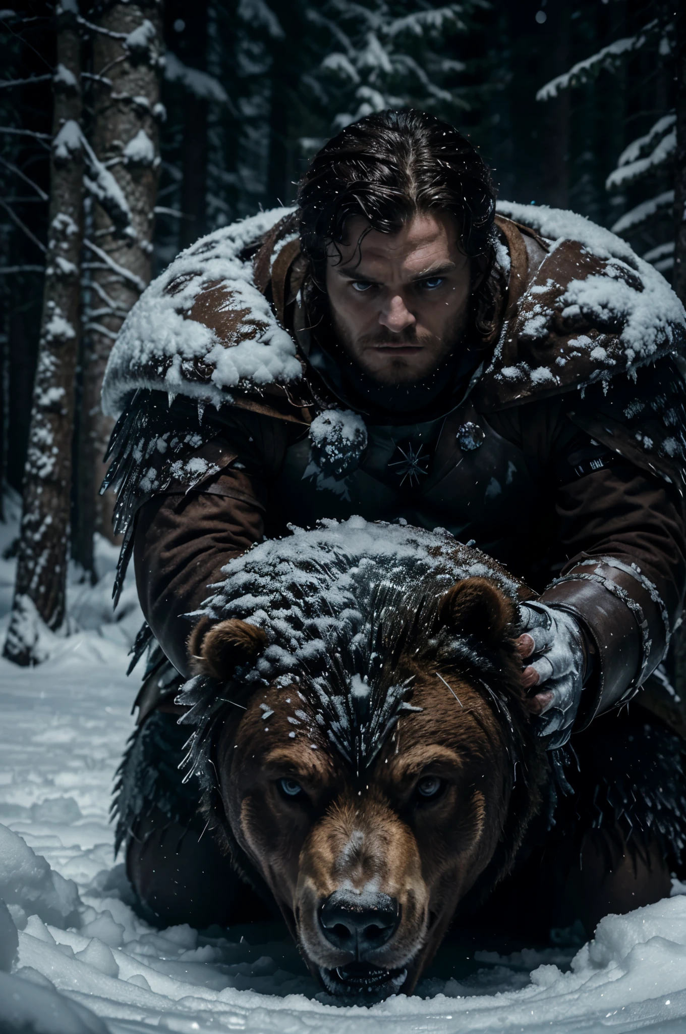 Robb Stark and Ice Mutant Bear, epic battle between Robb Stark and the Ice Mutant Bear, realistic scene inspired by Game of Thrones, snowy forest, harsh and dynamic lighting, Richard Anderson, Realism, Digital Art, detailed and immersive, cool and icy tones, none, high definition
