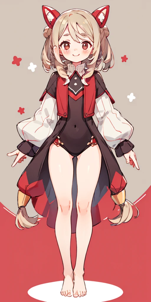 Body position: Standing, straight, symmetrical, barefoot, Lustful smile on face with red blush,