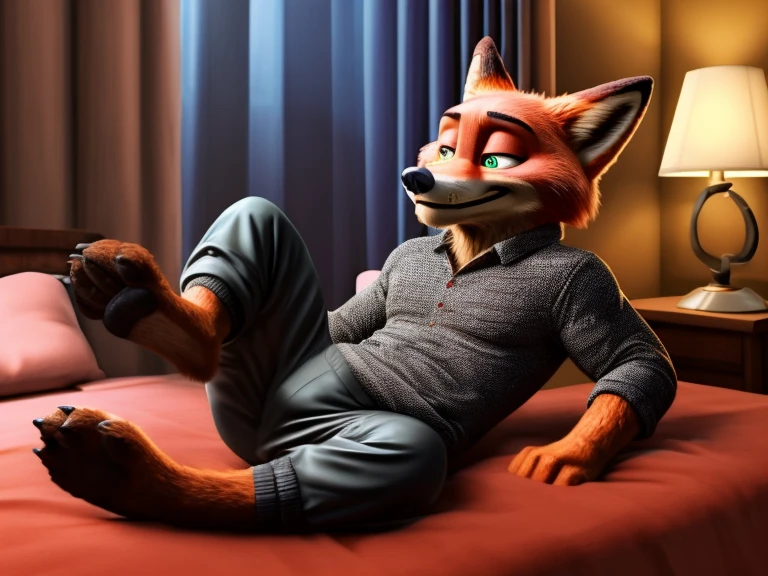 Barefoot hypnotised Nick Wilde is lying on a bed with his arms and legs spread, wearing black pyjamas, handcuffed to the bed by his wrists and ankles, detailed nice big paws with claws and toe ring, in a trance, a look of weak resistance to hypnosis on his face, drooling, green glow in his eyes, visible soles.