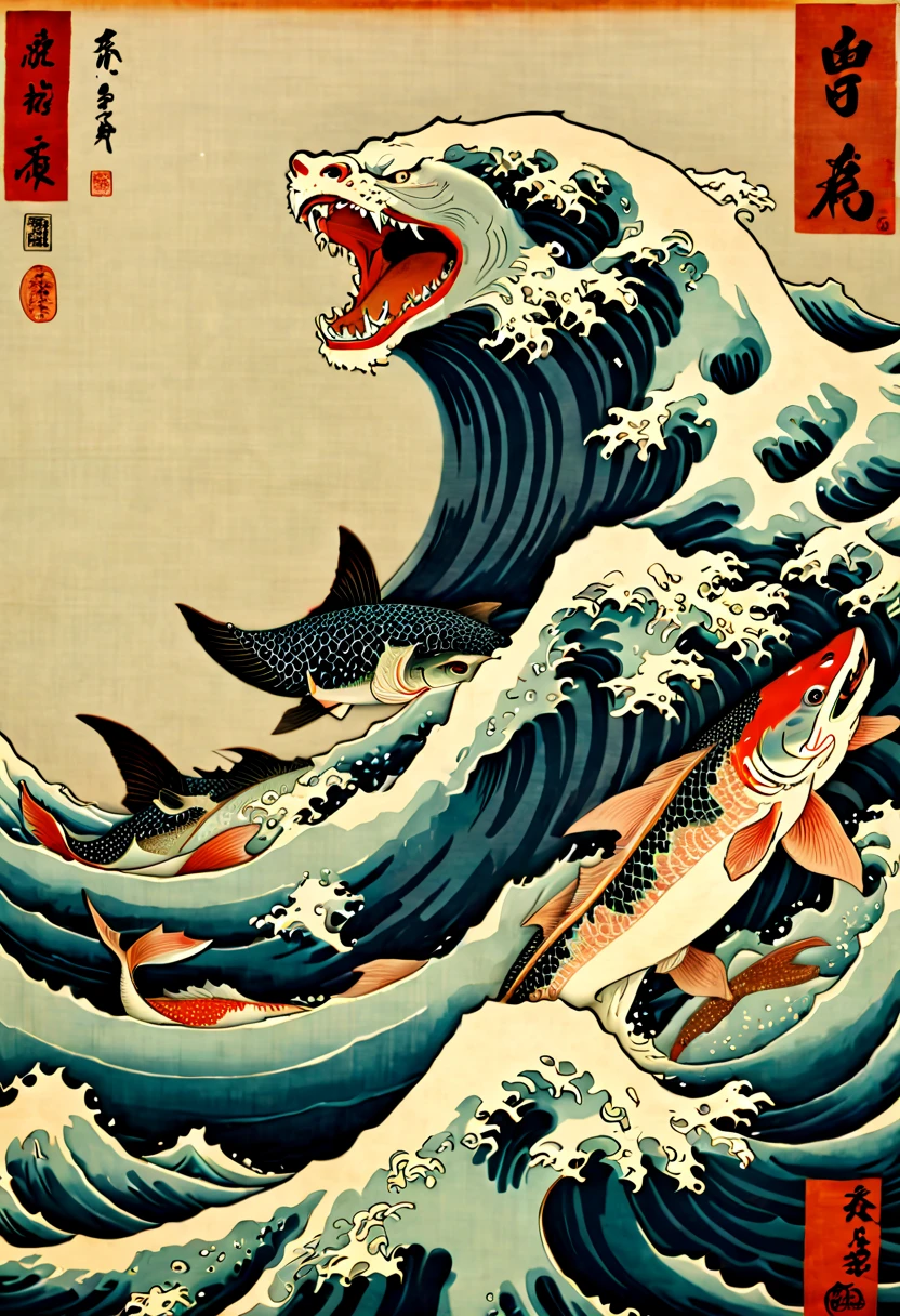 Shark, Ukiyoe, (best quality, masterpiece, 8k)