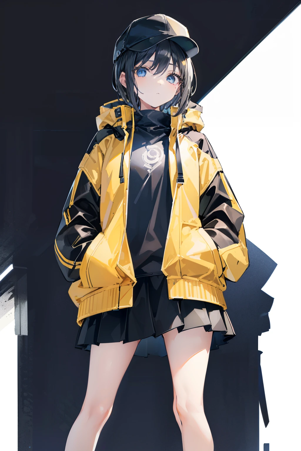 1girl, solo, blue eyes, (detailed eyes), flat chest, short hair, black hair, baseball cap, white cap, (waterproof jacket), large jacket, ((black jacket, yellow jacket)), skirt, black skirt, black socks, standing, (hands in pockets), ((closed sweater)), upper body, (white background), Transparent background, looking at viewe, ((masterpiece, illustration, best quality)) 