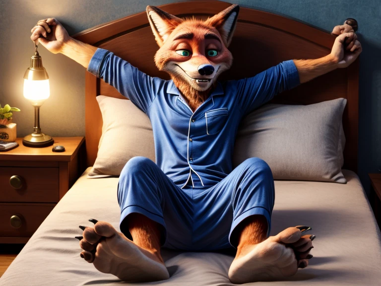 Barefoot hypnotised Nick Wilde is lying on a bed with his arms and legs spread, wearing black pyjamas, handcuffed to the bed by his wrists and ankles, detailed nice big paws with claws and toe ring, in a trance, a look of weak resistance to hypnosis on his face, drooling, green glow in his eyes, visible soles.