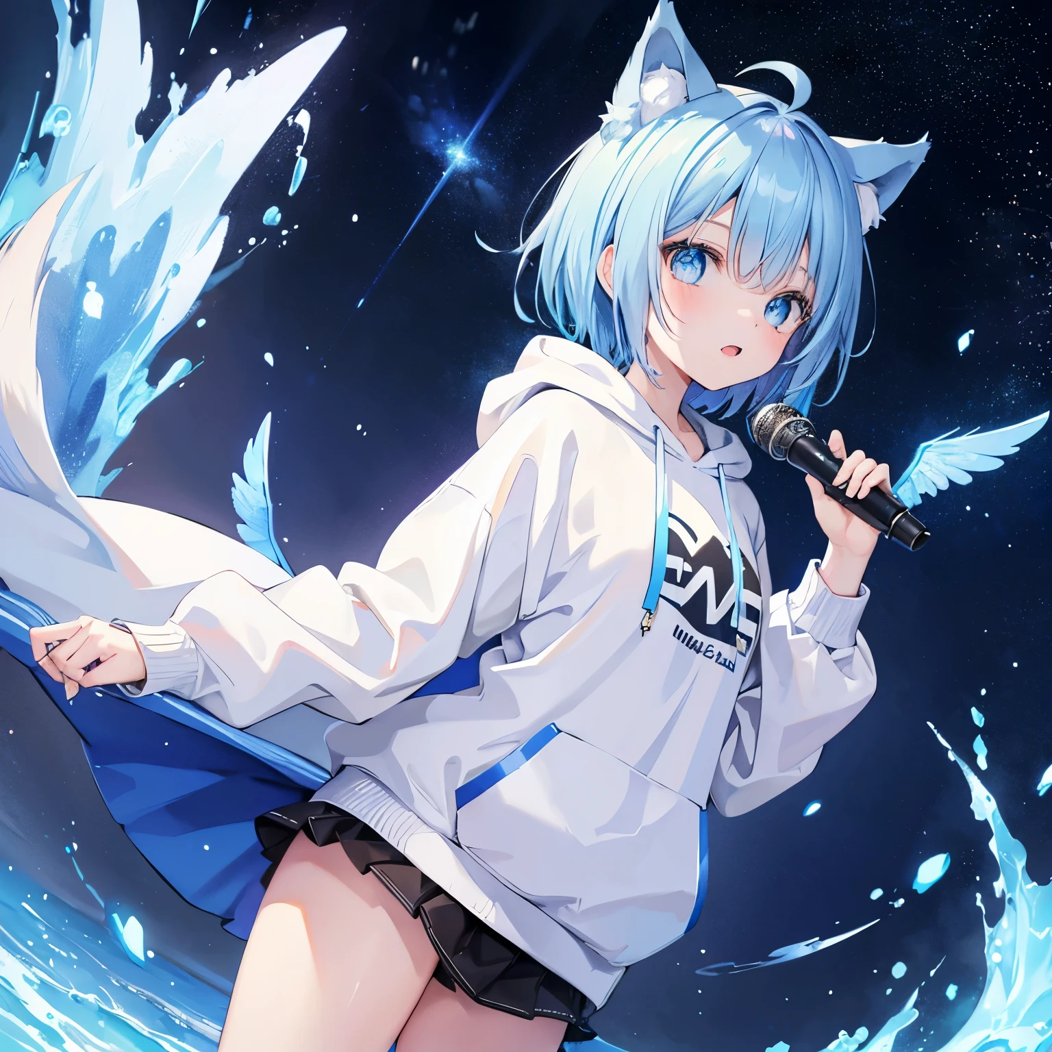 null,Milky Way, neutral character,Two-dimensional beautiful girl, one person,blue hair, animal ears, blue eyes, wing, bangs, wolf cut, Big hoodie,singing