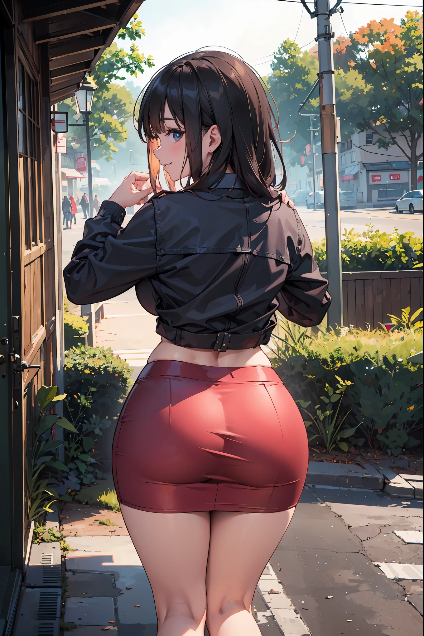 (Masterpiece, highest quality, absolute resolution, hyper-realistic work, intricate, meticulous and detailed realistic materials and textures and light sources, perfect anatomy), BREAK (Masterpiece:1.2, Top quality), (Realistic, photorealistic:1.4), Beautiful illustrations, (Natural side lighting, Movie lighting), Cowboy shots, 1 girl, petite little girl, red color Big eyes, smile, shiny skin, (nice leg line: 1.3), thin waist, huge breasts BREAK Uniform, tie, ((pencil skirt)), high heels BREAK park,crowd,depth of field,looking at viewer,crouching,from behind,upper body,legged sussex pink panties, (beautiful view),evening, riverside,walking,hand on chest,(pretty smile, upper eyes),