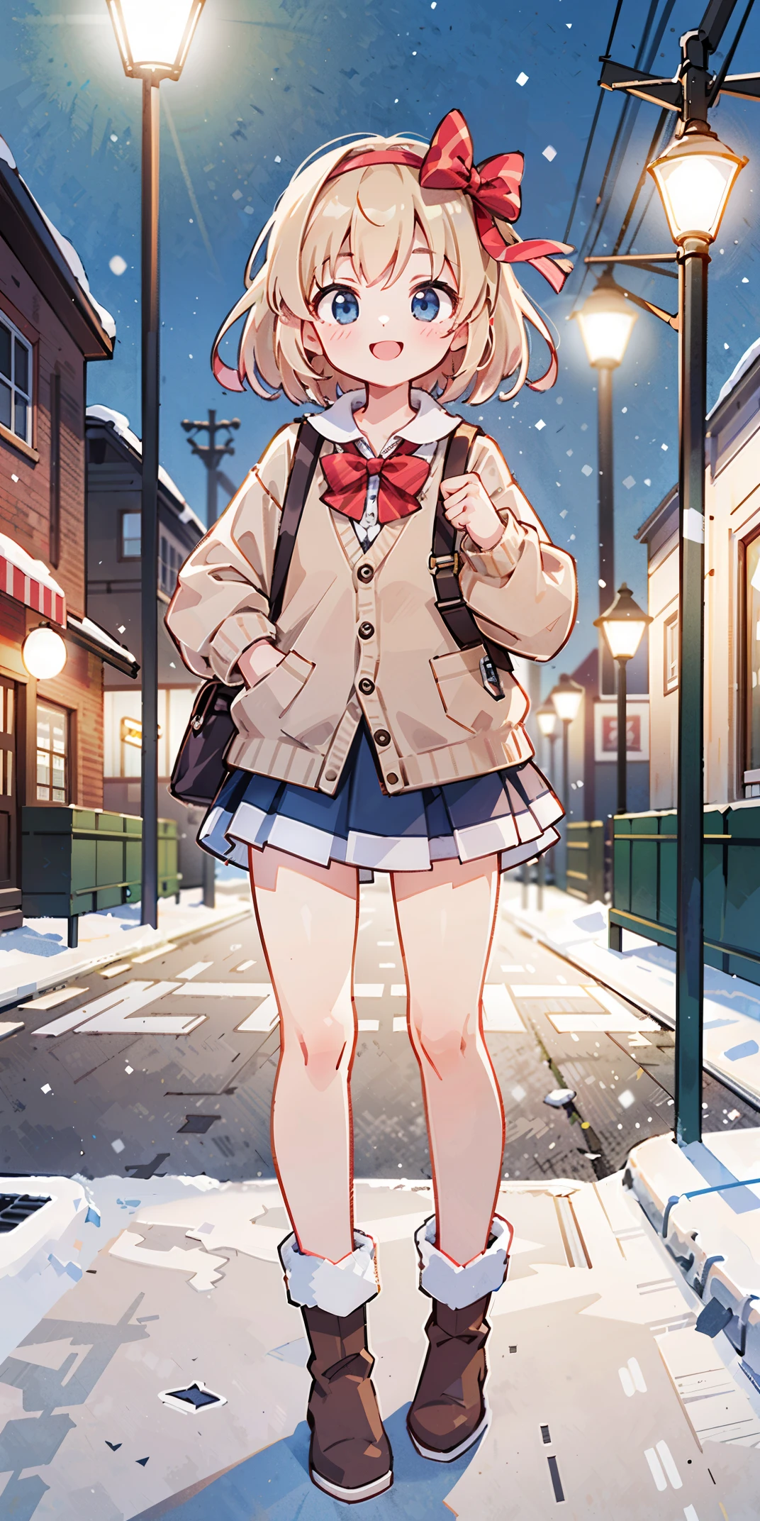 (masterpiece:1.2), best quality, highres, original, (extremely detailed:1.2), ultra-detailed, wallpaper, perfect lighting,(extremely detailed CG:1.2), 8k, anime illustration, 1girl, solo, smiling, (winter outfit:1.2), standing on the street, (knit cardigan:1.1), (bowknot on cardigan:1.25), knee-length skirt, (Ruffled hemline:1.3), winter boots, {delicate|detailed}clothes, (anatomically correct:1.34), close-up, full-body, looking at viewer, frontal, snowy street, (streetlight:1.17), city background, night, unity 4k
