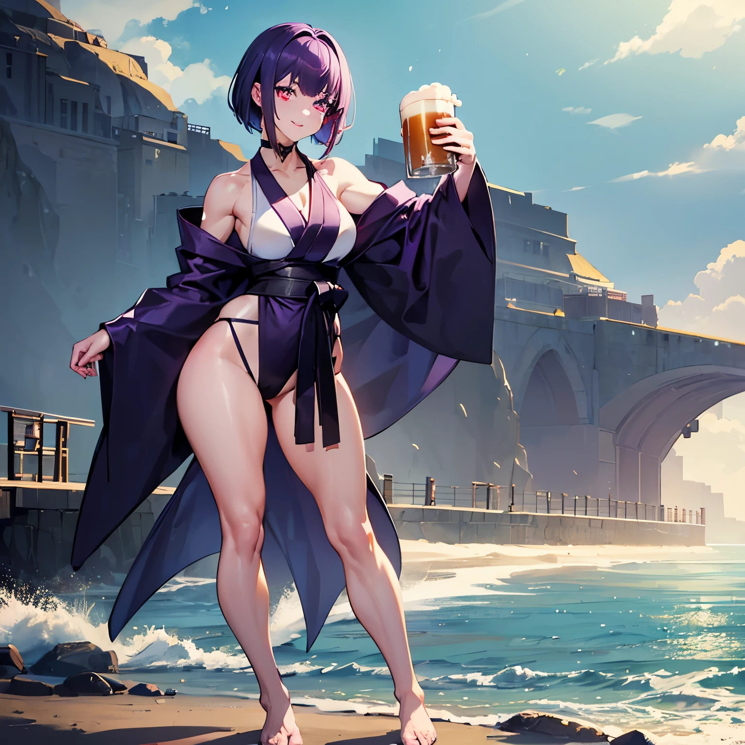 (((1girl) ,pale skin, Masterpiece, ultra quality)), purple short hair, red eyes, posing to pictures, muscle body,strong body, muscle arms, muscle legs, sexy micro black kimono, oiled body, smiling, drinking a beer, on beach