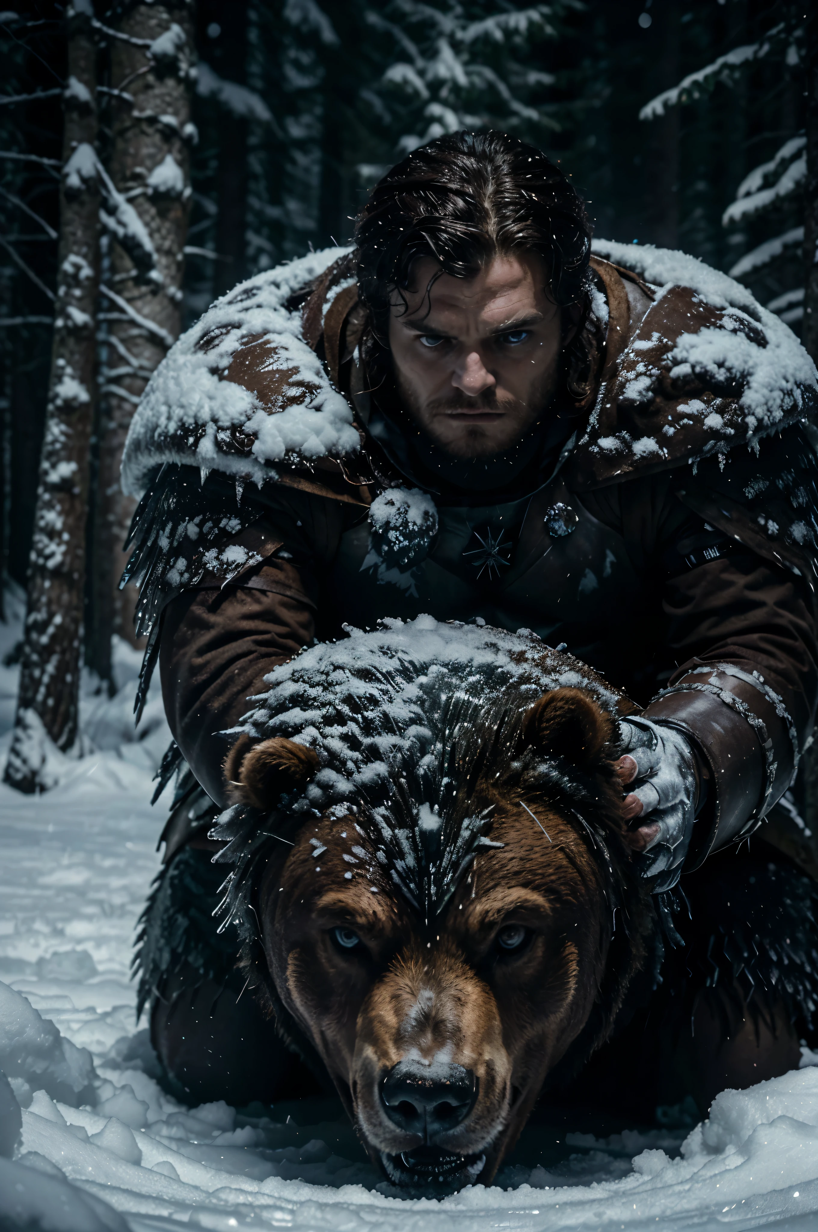 Robb Stark y el oso mutante de hielo, Epic battle between Robb Stark and the mutant ice bear., escena realista inspirada en Juego de Tronos, bosque nevado, harsh and dynamic lighting, Richard Anderson, realismo, arte digital, detallado e inmersivo, cold and icy tones, Ninguno, High Definition