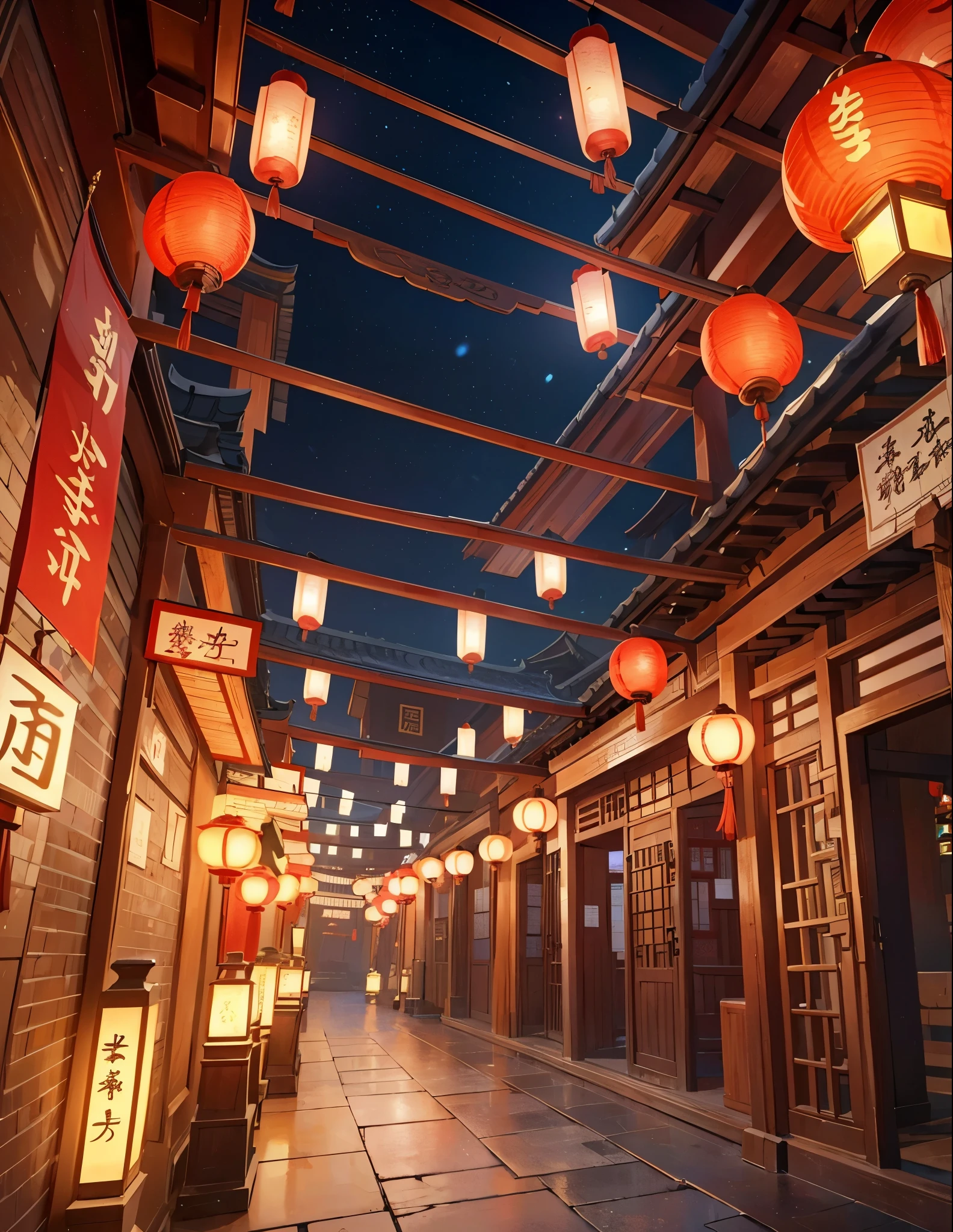 建筑物的天花板上挂着一个红lantern, red lantern, G Liulian art style, Shanghai New Year lanterns hanging high, Onmyoji Detailed Art, street lantern are shining, background artwork, Chinese style, anime background, 《Genshin》Chinese style背景, rossdraws global illumination, street lantern glow, lantern, rossdraws volumetric lighting, amazing wallpapers, background art, evening lantern, no humans