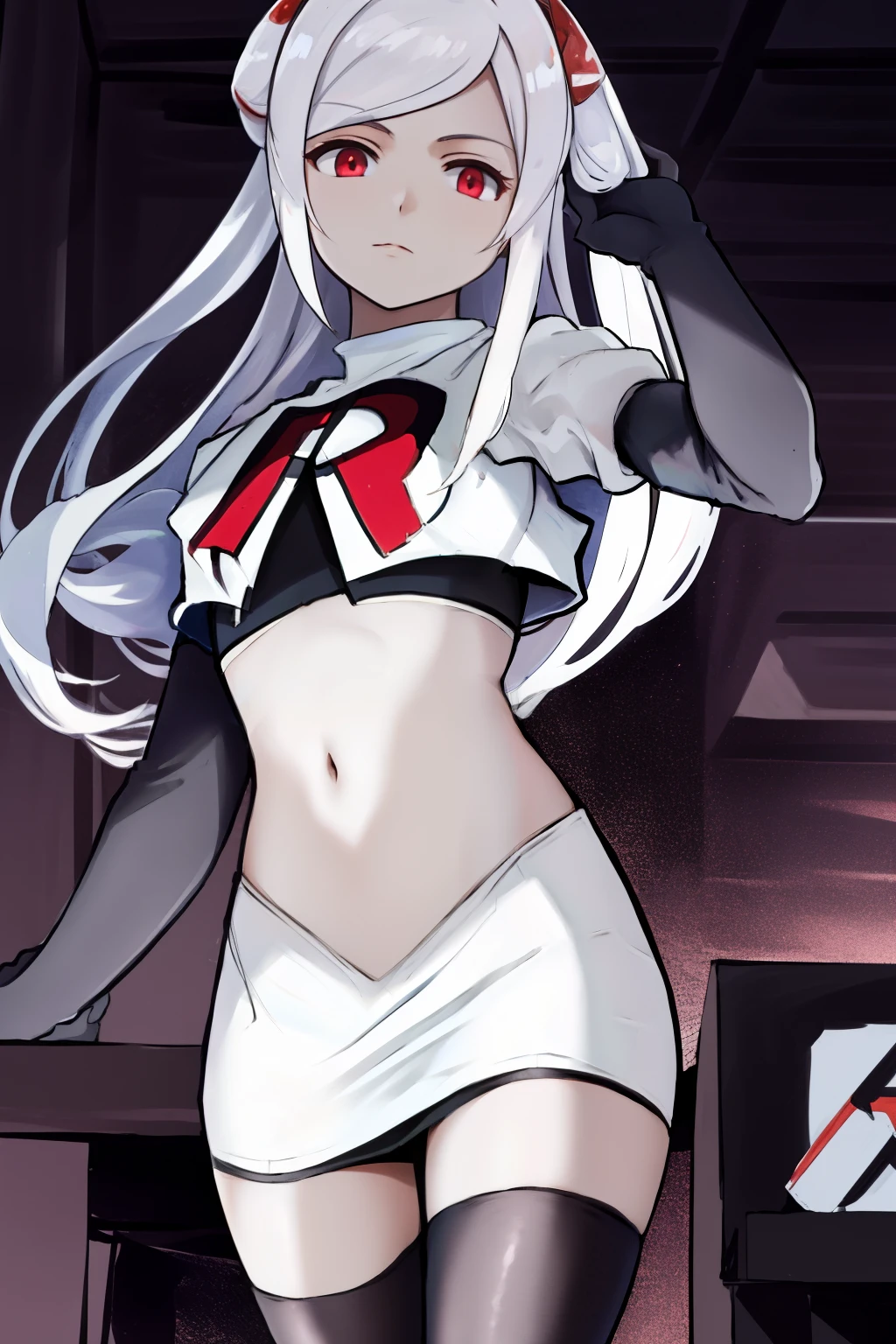 masterpiece, best quality, highres, 1girl hair ornament, team rocket,team rocket uniform, red letter R, white skirt,white crop top,black thigh-highs,black elbow gloves,