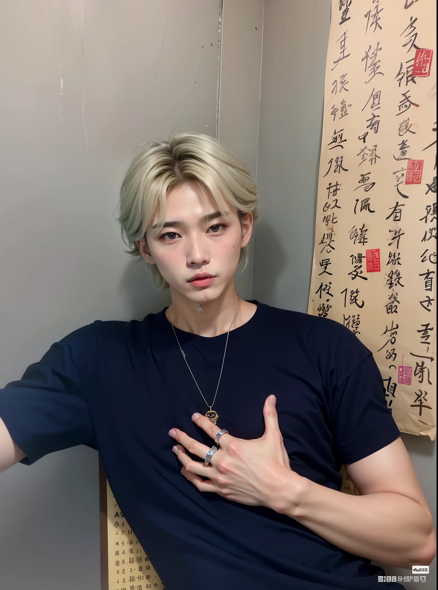 Hombre arafed con camisa azul y un collar con escritura china., cai xukun, yanjun chengt, xqc, kim doyoung, inspirado por Zhang Han, inspirado en Yanjun Cheng, inspirado en Bian Shoumin, Jung Jaehyun, heise jinyao, hyung tae, con pelo largo y blanco, TaeJune Kim, Jinyoung Shin, hombre surcoreano