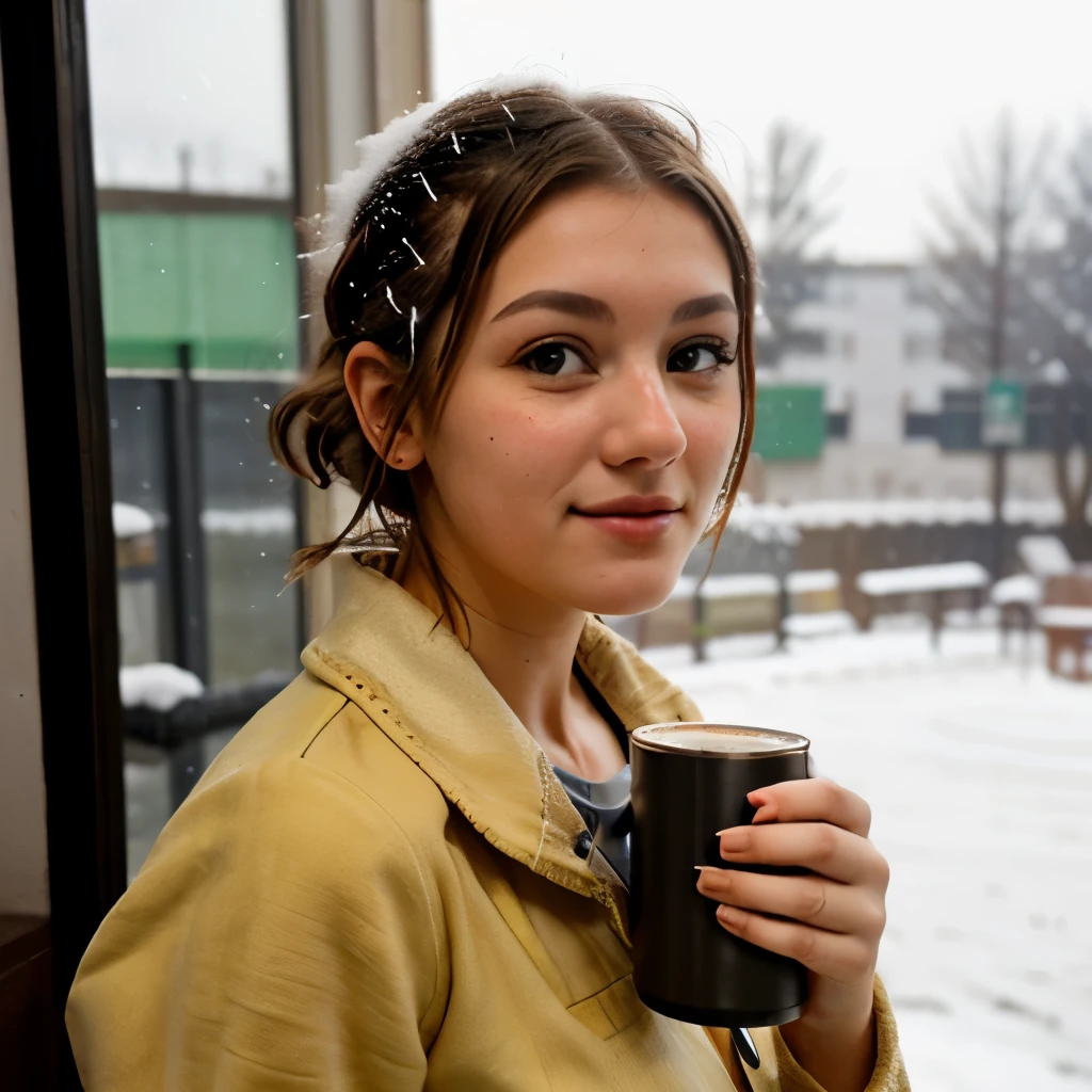 Girl posing for photography with green eyes, rubia con el pelo largo recogido con una trenza, holding a cup of coffee and looking out a window, It&#39;s snowing outside 