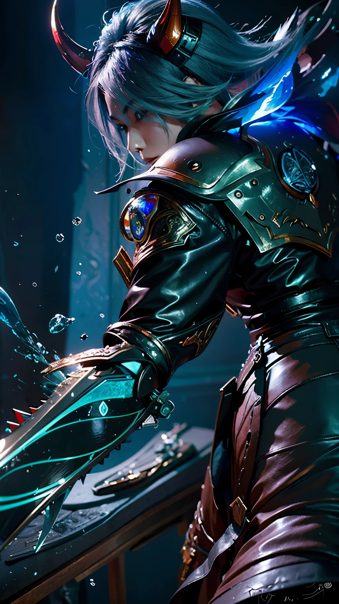 a close up of a person with a sword in a dark room, league of legends splash art, extremely detailed artgerm, artgerm detailed, splash art, league of legends splashart, official splash art, graphic artist artgerm, wallpaper splash art promo art, crystalline skin, 8 k hd wallpaperjpeg artifact