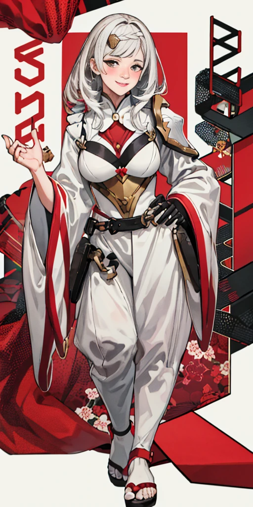 Female, standing, straight, long_hair, messy_hair, white_hair, kimono with armor, metal sandals, pink theme, big breast but cover, hands to hip, Body position: Standing, straight, symmetrical, barefoot, Lustful smile on face with red blush,