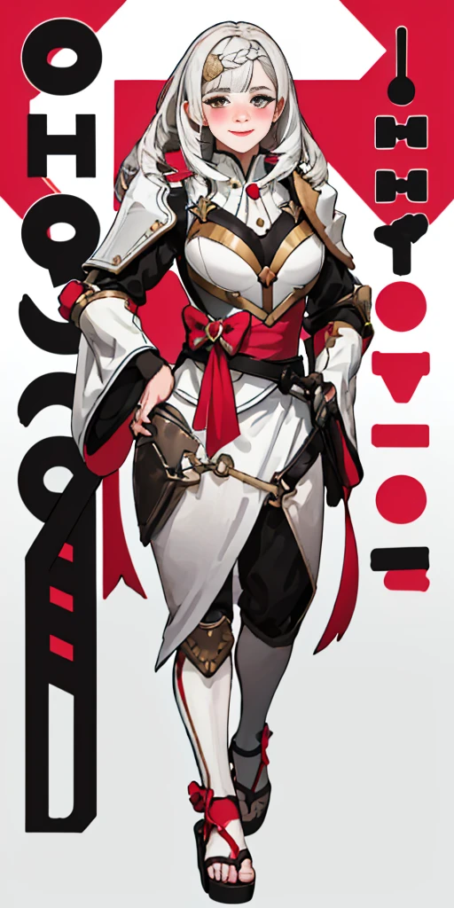 Female, standing, straight, long_hair, messy_hair, white_hair, kimono with armor, metal sandals, pink theme, big breast but cover, hands to hip, Body position: Standing, straight, symmetrical, barefoot, Lustful smile on face with red blush,