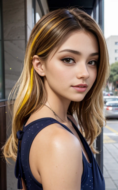(La mejor calidad, Obra maestra), 1girl, 19 year old ,galaxia, brillar, vestido, Particle, viento, Flor, Parte superior del cuerpo, Mirando al espectador, cabello largo , vestido ligero de verano con escote , vestido ligero , maquillaje , labios rojos , sombra de ojos , sonrisa presumida , fondo variado , cafeteria , senos grandes , cabello rubio esponjoso , cabello dorado, pelo rubio, foto de cuerpo completo , posando linda , senos grandes 