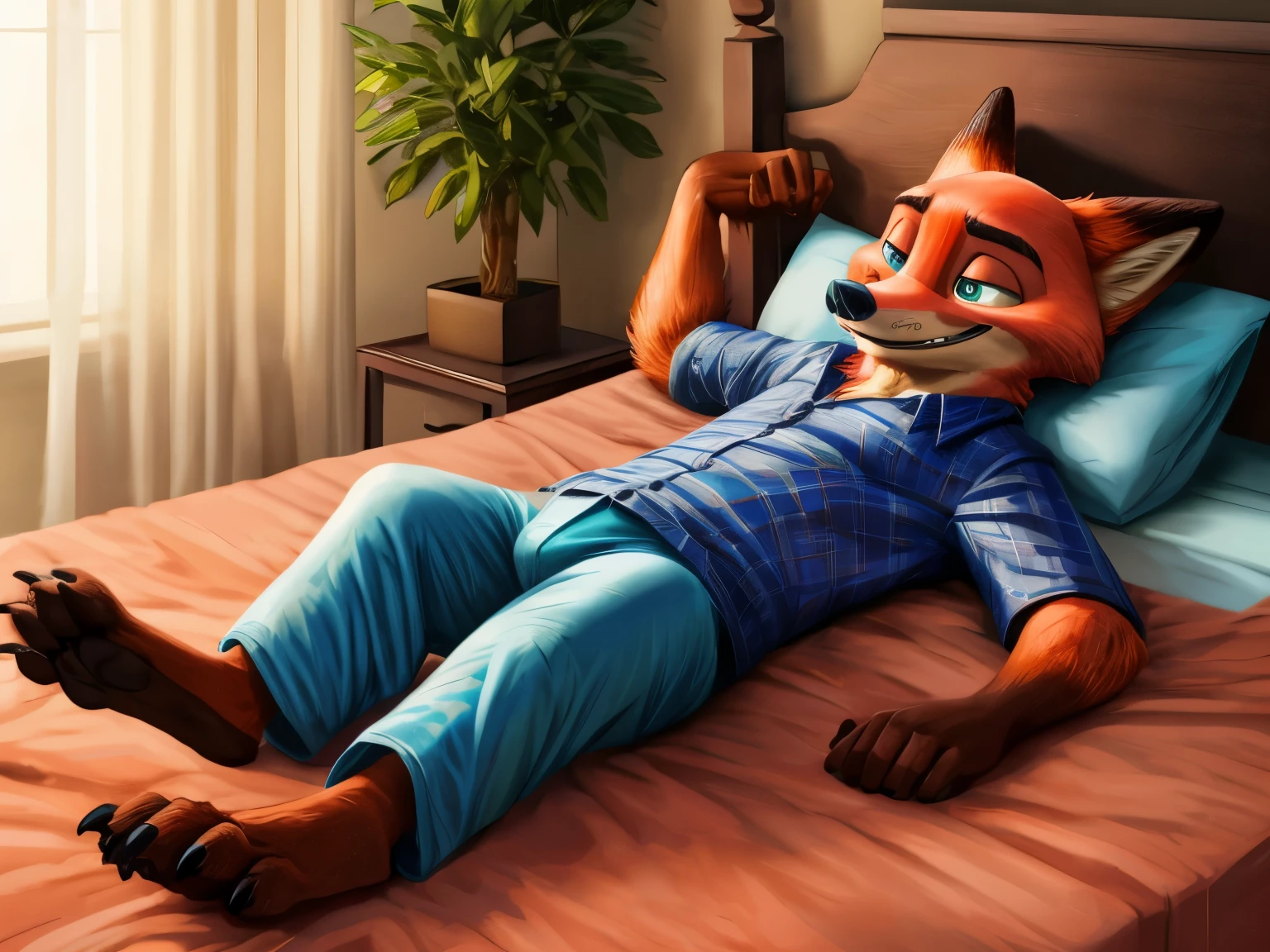 Barefoot hypnotised Nick Wilde is lying on a bed with his arms and legs spread, wearing black pyjamas, handcuffed to the bed by his wrists and ankles, detailed nice big paws with claws and toe ring, in a trance, a look of weak resistance to hypnosis on his face, drooling, green glow in his eyes, visible soles.