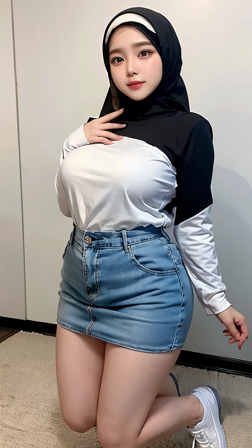 high quality, 8k, uhd, realistic, best quality, royal hijab, 20yo, a beautiful woman with perfect body figure, real face, delicious facial expressions, facial seductive, whole body, high legs, slender abs, charming oval breasts, big breasts, with off-buttons shirt, baggy jeans, peach blossom eyes, small nose, in toilet, mirror, detailed eyes, double eyelids