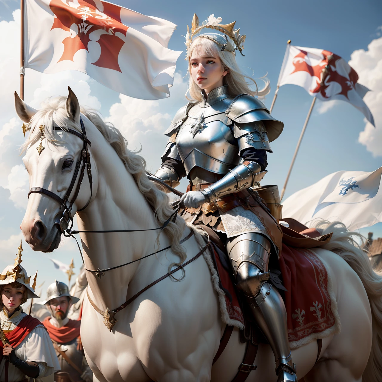 Joan of Arc, Medieval France, riding a beautiful white horse, horse ins rearing, Petite and Lean, Armor with a White Surcoat and Cross, Adobe Photoshop, Realistic Digital Painting, Historical Portrait, High Resolution, Warm light, Symbolic Art, Brave, Resolute Expression, Inspirational Atmosphere(((Fleur-de-lis))) a dynamic image of Joan of Arch with short (bobbed) hair, wearing white armor with a (((Fleur-de-lis))) emblazoned on the chest-plate, riding a Rearing white horse who is standing, holding aloft a branner flag depicting the (((Fleur-de-lis))), lily symbol of royal France, photorealistic, hyper-detail, 24k resolution.