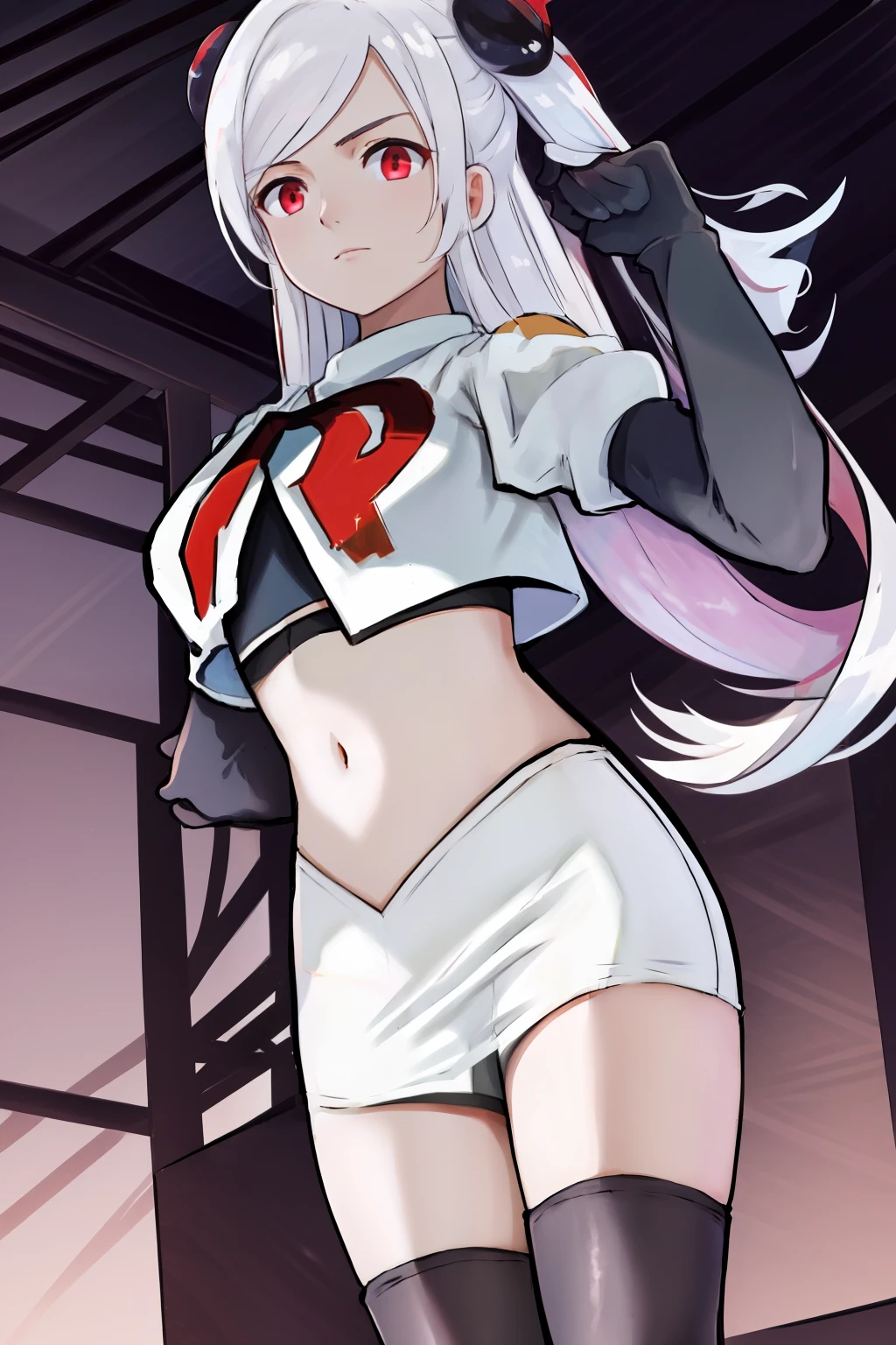 masterpiece, best quality, highres, 1girl hair ornament, team rocket,team rocket uniform, red letter R, white skirt,white crop top,black thigh-highs,black elbow gloves,