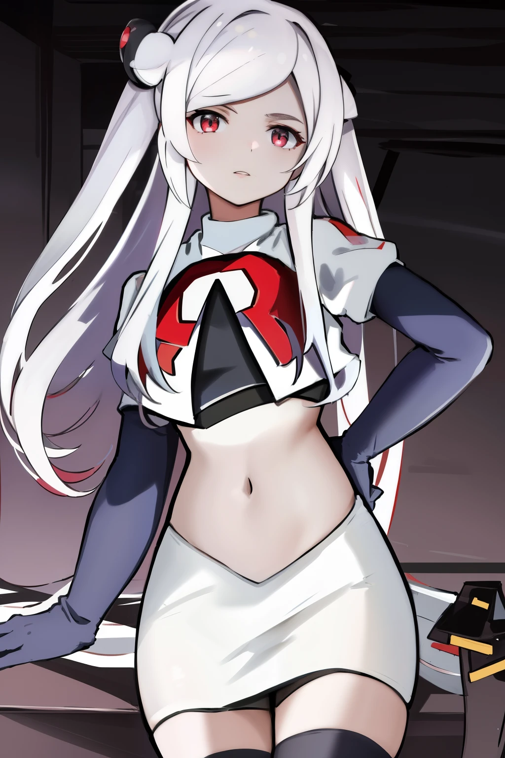 masterpiece, best quality, highres, 1girl hair ornament, team rocket,team rocket uniform, red letter R, white skirt,white crop top,black thigh-highs,black elbow gloves,