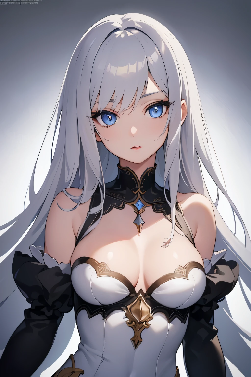 1girl, anime, cute girl, blank background, white background, fantasy, detailed dark fantasy dress with highlights, beautiful face, beautiful eyes, dark colors, silver hair, slightly small , slight cleavagiful skin, cute, breast curtainsemely delicate and beautiful, (beautiful detailed face:1.0), (detailed deep eyes), symmetrical breasts, deep eyes, sin, portrait, slender waist, hips wider than shoulders, thighs, young girl, expressionless, luminous eyes