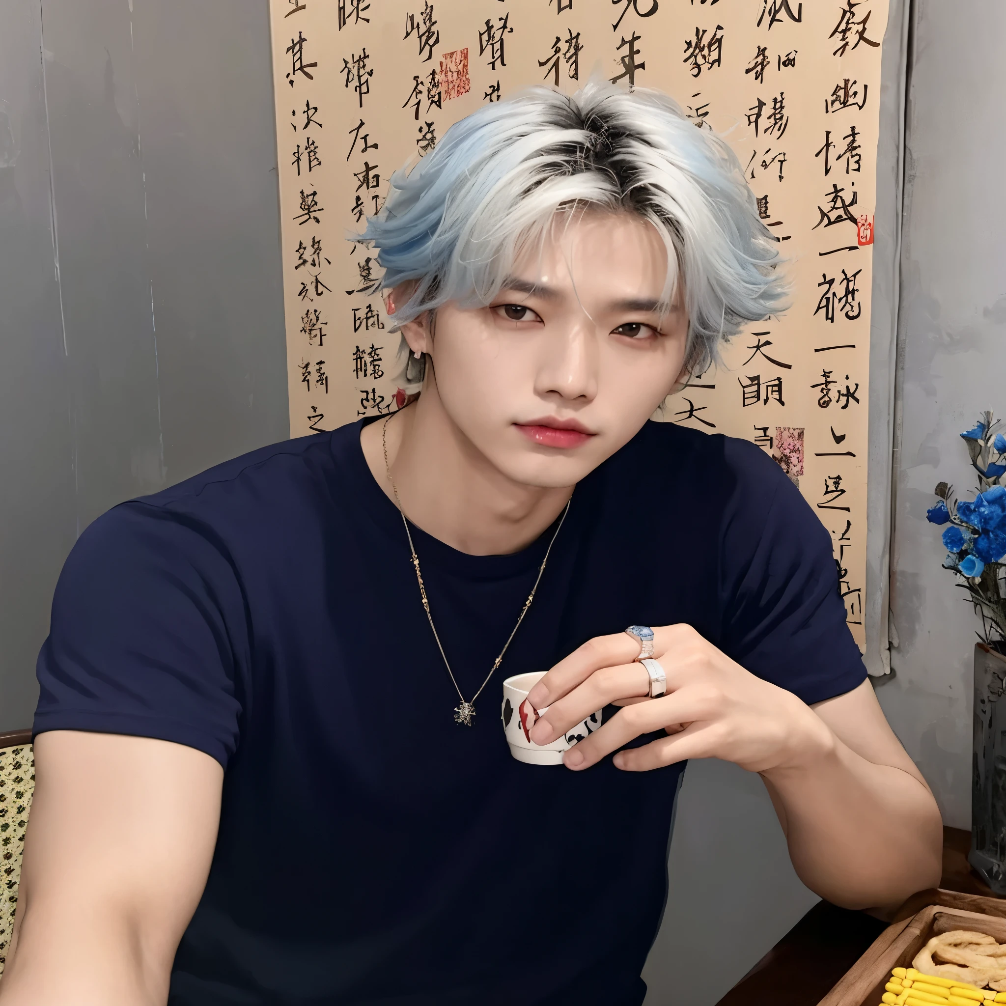 hay un hombre con cabello azul sentado en una mesa, cai xukun, xqc, Jung Jaehyun, yanjun chengt, kim doyoung, con el pelo largo y blanco, con pelo largo y blanco, pintar ulzzang, con el mismo peinado, hyung tae, inspirado en Yanjun Cheng, el tiene pelos gris oscuro, steven jung, hong junio hyung