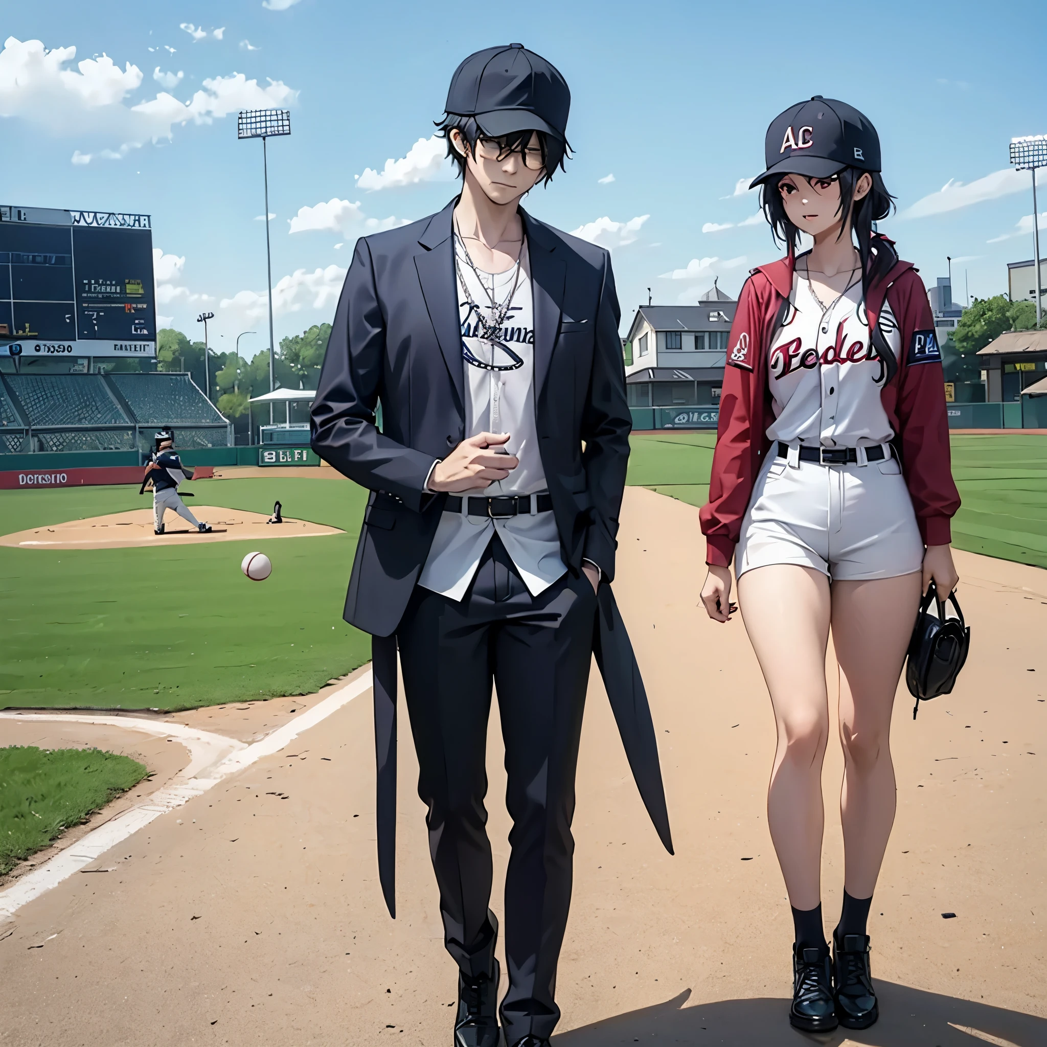 a man and a woman (eye red) playing baseball together
