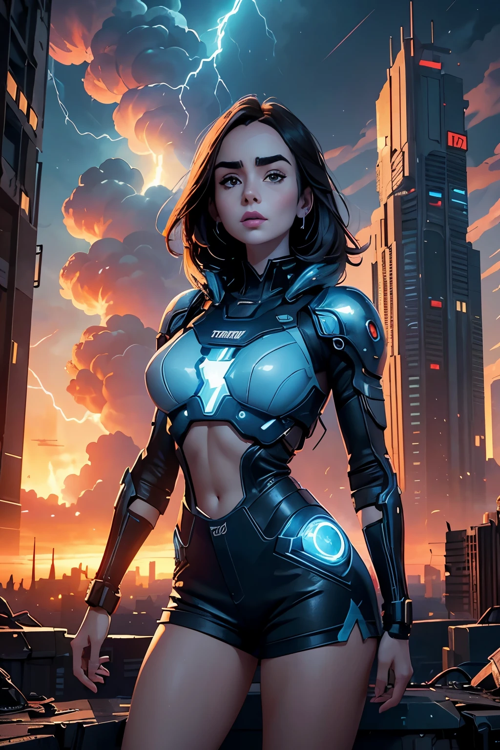 Lily Collins,Tall figure,skin,Upper body shorts,Medium shorts,Complex workmanship,icon,company logo,Emit blue light,background with,future technology,cyberpunk city,Large mechanical building,big gear,doomsday ruins,giant tornado,Blue sky and white clouds,lightning thunder,sunset fire clouds,multiple planets,end of the world,giant tornado