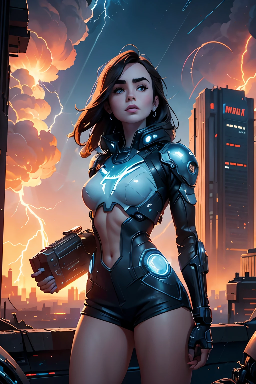 Lily Collins,Tall figure，skin，Upper body shorts，Medium shorts，Complex workmanship，icon，company logo，Emit blue light，background with，future technology，cyberpunk city，Large mechanical building，big gear，doomsday ruins，giant tornado，Blue sky and white clouds，lightning thunder，sunset fire clouds，multiple planets，end of the world，giant tornado