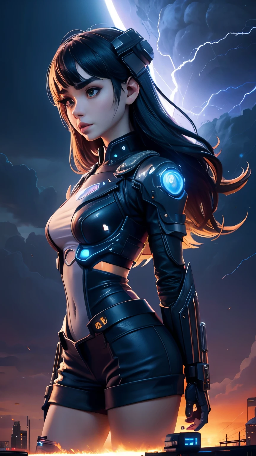 Lily Collins,Tall figure,skin,Upper body shorts,Medium shorts,Complex workmanship,icon,company logo,Emit blue light,background with,future technology,cyberpunk city,Large mechanical building,big gear,doomsday ruins,giant tornado,Blue sky and white clouds,lightning thunder,sunset fire clouds,multiple planets,end of the world,giant tornado