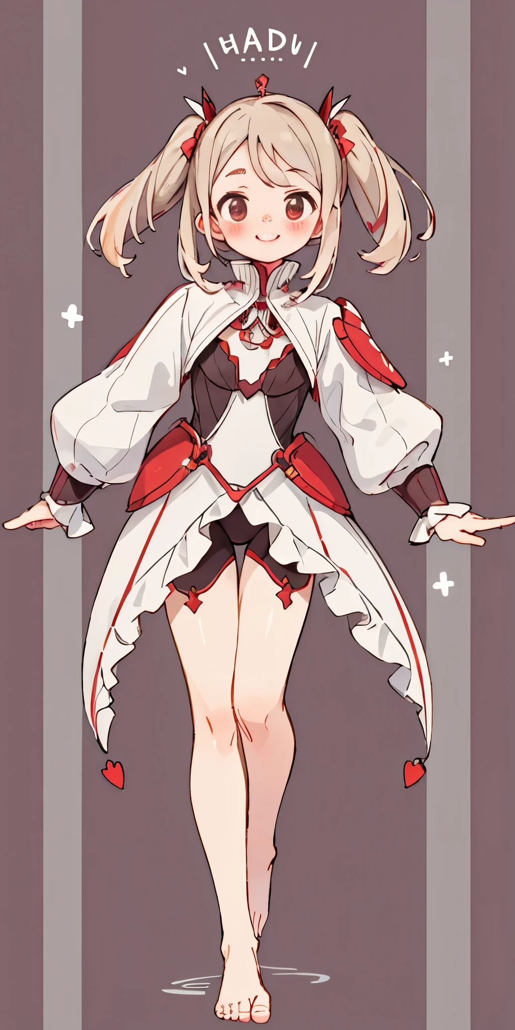 Body position: Standing, straight, symmetrical, barefoot, Lustful smile on face with red blush,
