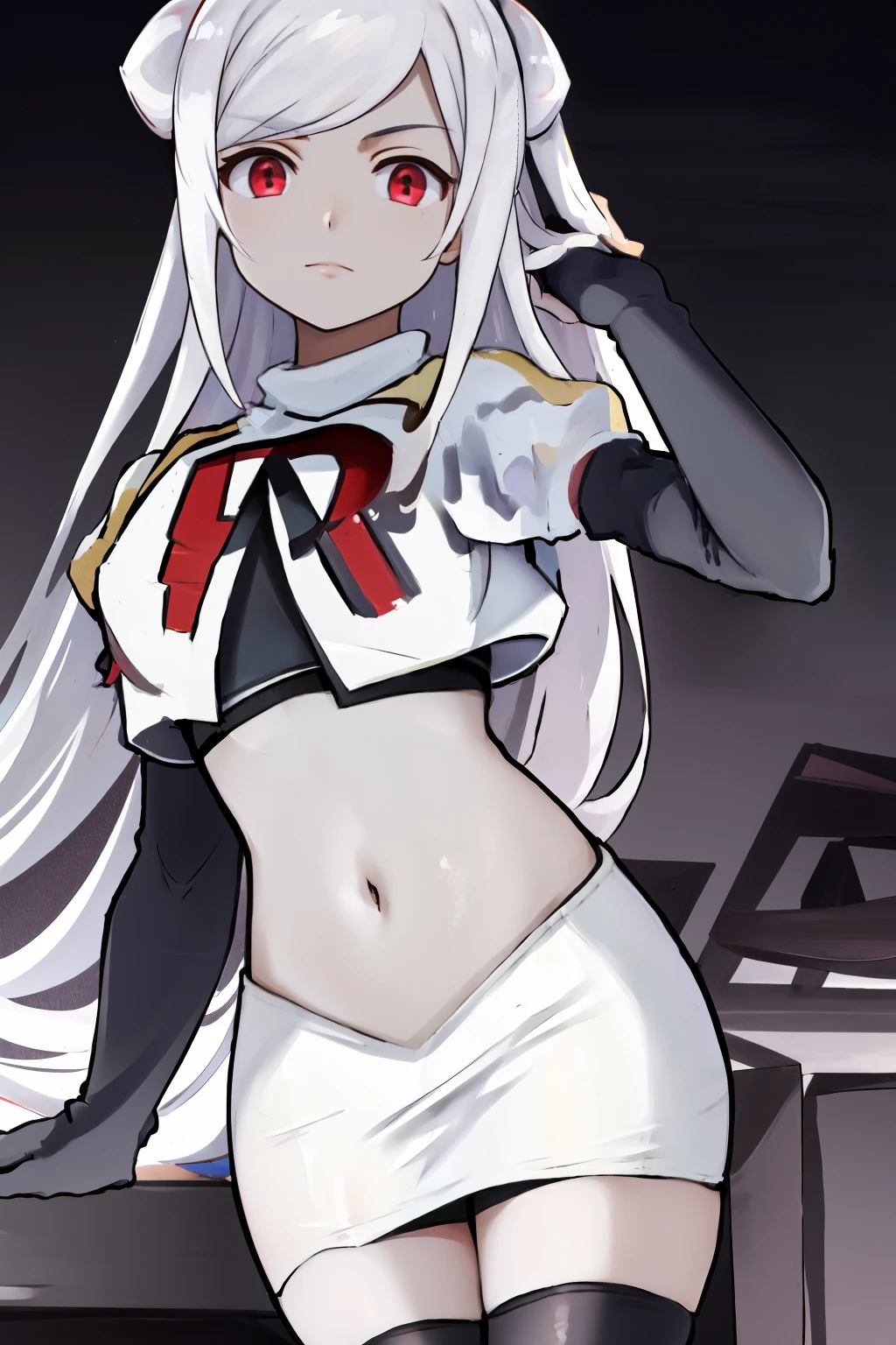 masterpiece, best quality, highres, 1girl hair ornament, team rocket,team rocket uniform, red letter R, white skirt,white crop top,black thigh-highs,black elbow gloves,
