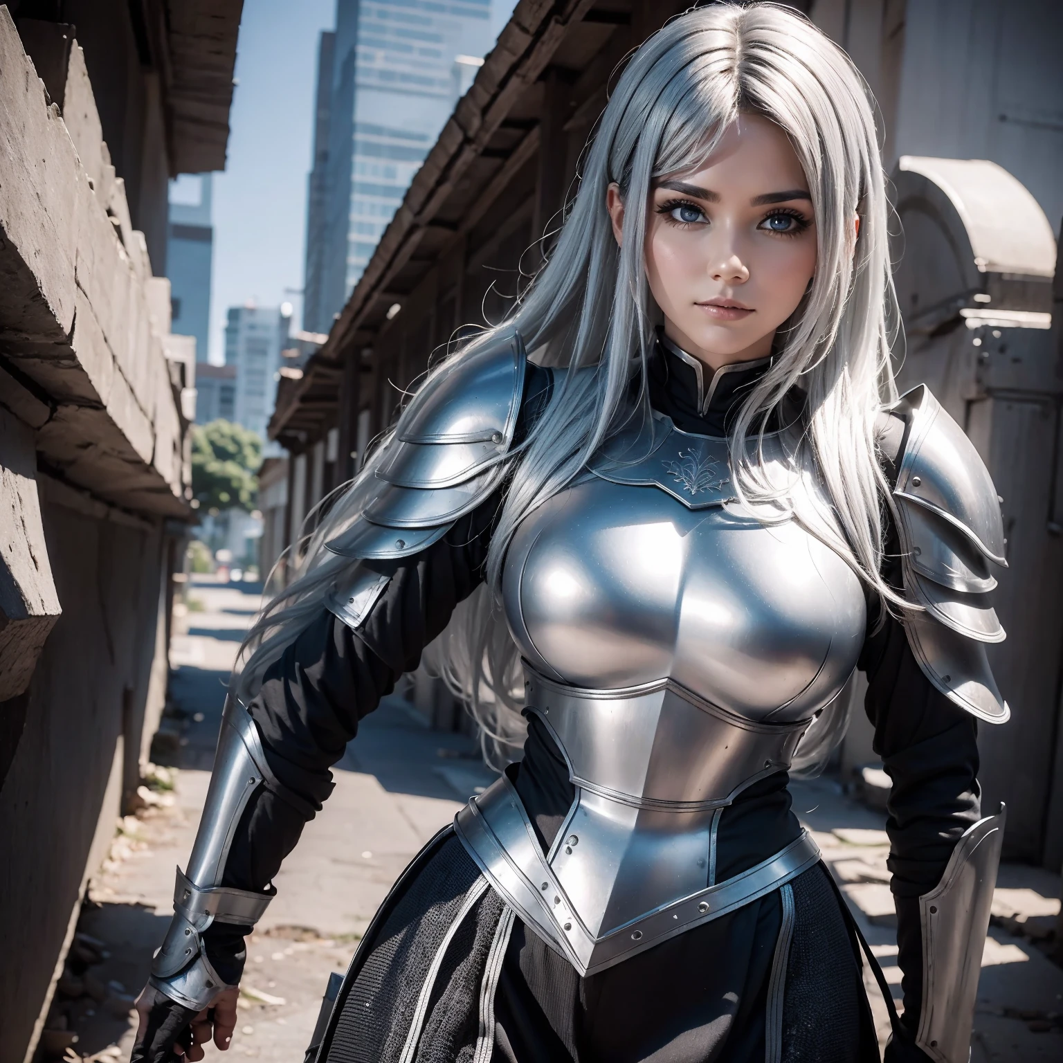 8K woman standing, facing directly at the camera, a beautiful well-turned woman in armor spoiled you,  decote discretamente aberto, ela tem (medium round breasts) rigid armor with raw metal. com pequenos, detalhes de espinhos de ouro, futurista branco, com pequenos detalhes de ouro, seu cabelos muitos longos