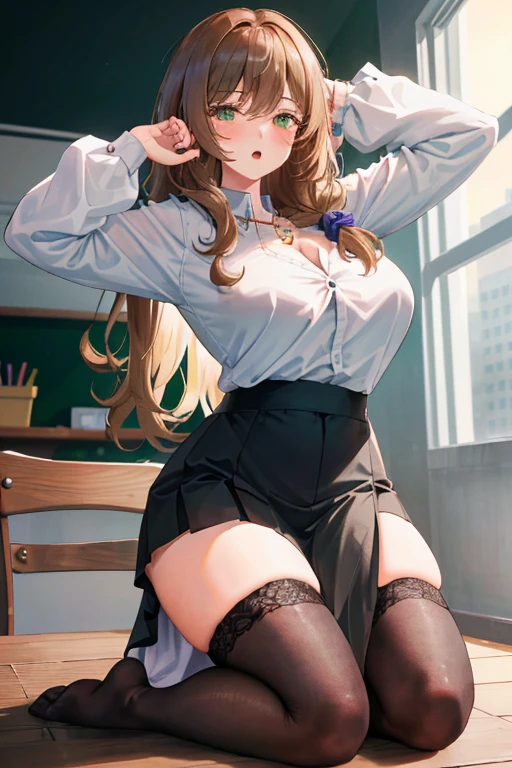 Lisa, genshin impact, 1 girl, alone, ((white shirt)), black Thighhighs, huge breasts, big breasts, cleavage, uniform, office background, black skirt, pleated skirt, office, hair between eyes, messy hair, large chest, long hair, looking at the viewer, brown hair, red short nails, green eyes, alone, Thighhighs, thighs, very long hair, ((masterpiece)), classroom, machine, Chair, board, class board, Teaching, blush, adult woman, Ecchi Woman, open your mouth, narrow your eyes, Pose that shows off your armpits, raise your arms, (kneeling pose), (chest wide open),