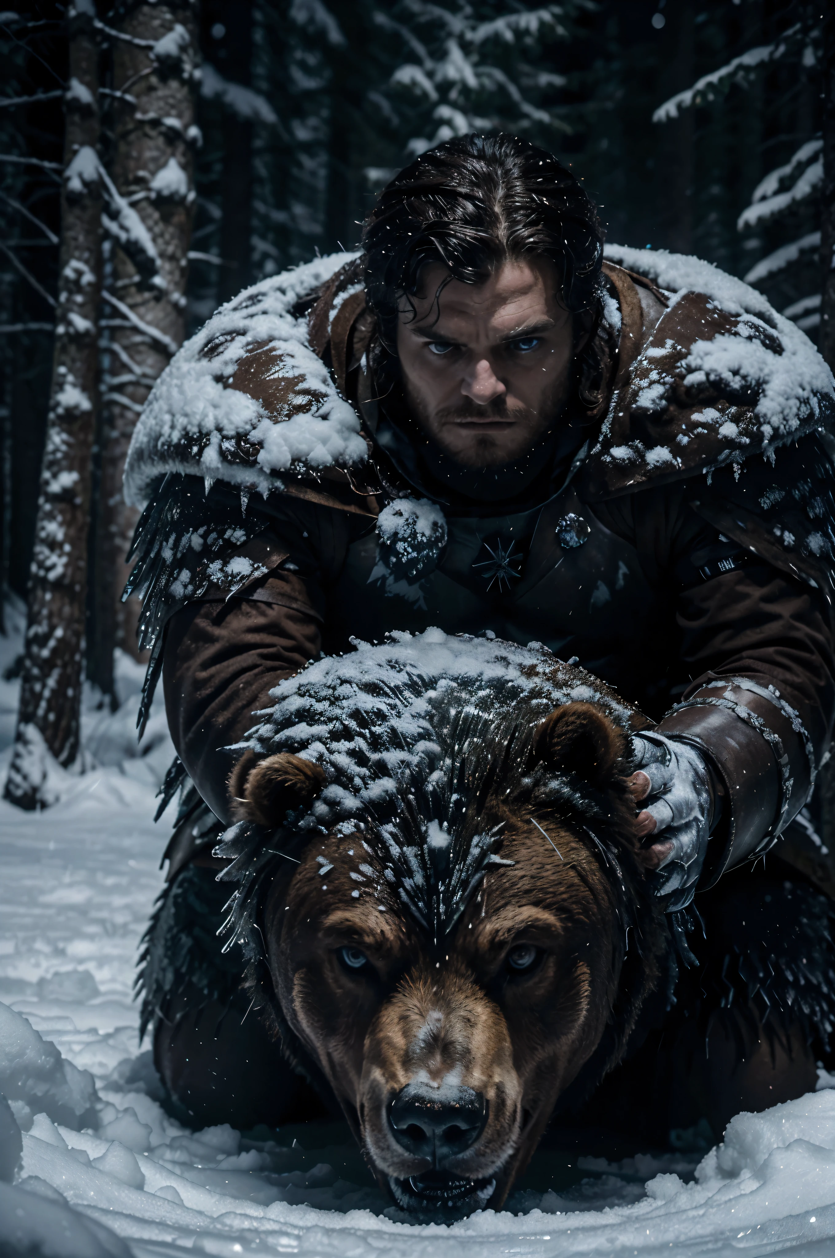 Robb Stark y el oso mutante de hielo, Epic battle between Robb Stark and the mutant ice bear., escena realista inspirada en Juego de Tronos, bosque nevado, harsh and dynamic lighting, Richard Anderson, realismo, Arte Digital, detallado e inmersivo, tonos frios y helados, Ninguno, High Definition