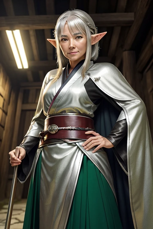 1woman, Japanese, (elderly woman:1), old woman, grandmother, D&D Sorcerer, female Elf, (noble lady), detailed face, beautiful face, minor wrinkles on face, smiling face, very long elf ears, short bobcut hair, (silver hair:1.5), thin eyes, detailed eyes, blue eyes, full kimono, green and dark red kimono, (long skirt), green skirt, short cape, green cape, detailed belt, leather belt, belt with jewels, walking cane, metal cane, background of underground cavern, background of medieval Japanese city, background of green and black, vivid colors, studio lighting, ultra-detailed, HD anime.