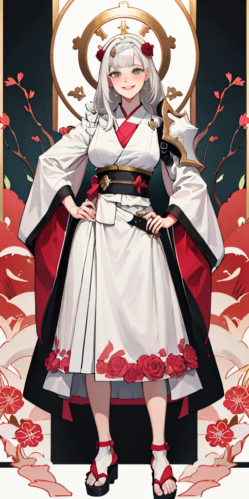 Female, standing, straight, long_hair, messy_hair, white_hair, kimono with armor, metal sandals, pink theme, big breast but cover, hands to hip, Body position: Standing, straight, symmetrical, barefoot, Lustful smile on face with red blush,