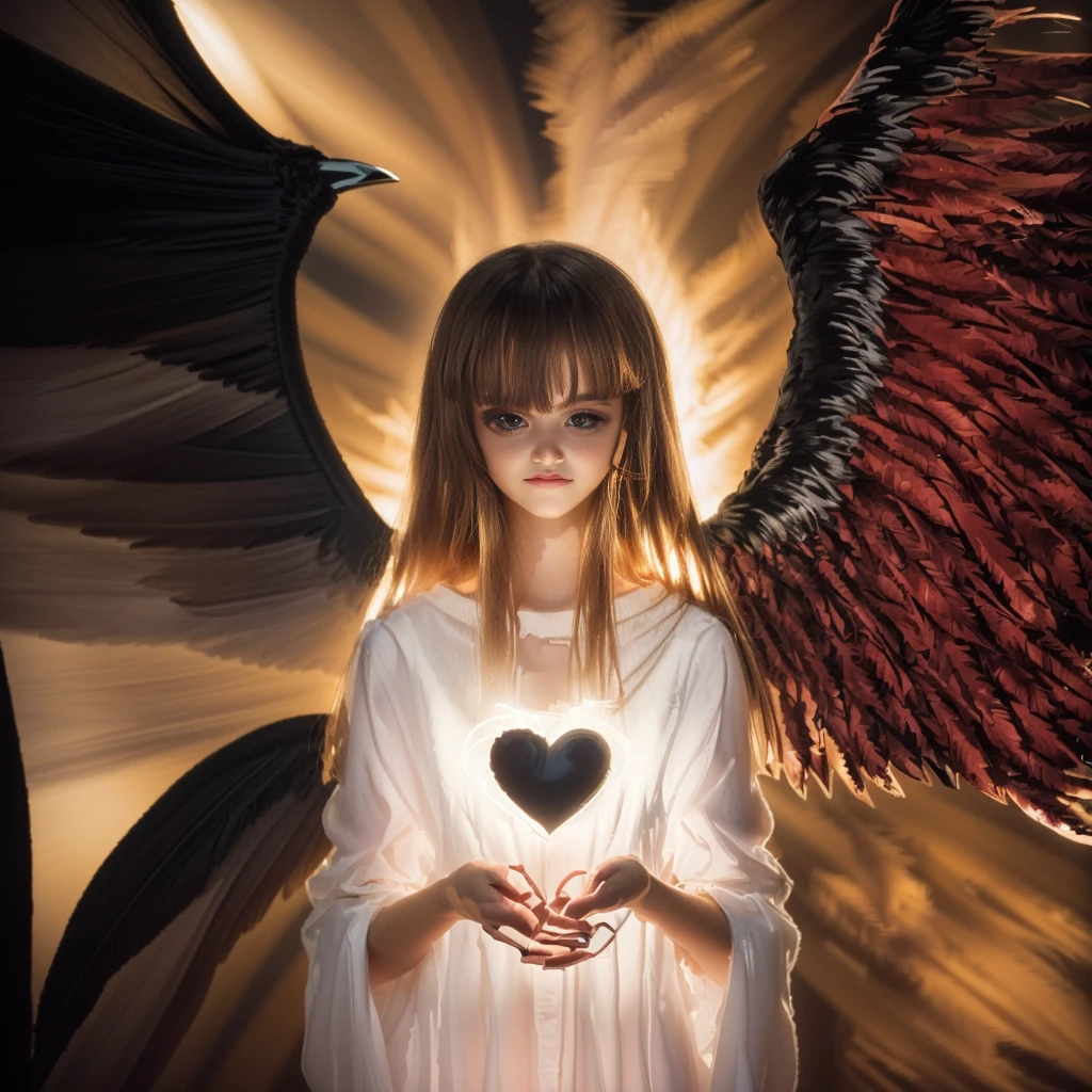 ((simetria!!!) ((angel and demon fusion)), METADE LIGHT E METADE DARK!!!! (8k, Foto RAW, melhor qualidade), (Realistic, photo-Realistic:1.37) ((ARTE SURREALISTA)), ((DARK FANTASY ART)), Uma jovem loira com vestido branco com asas, ((the wing on the right is that of a devil and the wing on the left is that of an angel)), half angel half demon, symmetrically divided in half between angel and demon, hands hold a heart floating in the middle of the chest, ((YU-GI-OH! CARD CHANGE OF HEART)), ((A single person in the photo)), ((dualidade)), ((dualidade luz e trevas)), ((DARK ANGEL)), ((DUAL FACE)),