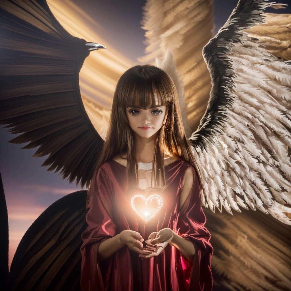 ((simetria!!!) ((angel and demon fusion)), METADE LIGHT E METADE DARK!!!! (8k, Foto RAW, melhor qualidade), (Realistic, photo-Realistic:1.37) ((ARTE SURREALISTA)), ((DARK FANTASY ART)), Uma jovem loira com vestido branco com asas, ((the wing on the right is that of a devil and the wing on the left is that of an angel)), half angel half demon, symmetrically divided in half between angel and demon, hands hold a heart floating in the middle of the chest, ((YU-GI-OH! CARD CHANGE OF HEART)), ((A single person in the photo)), ((dualidade)), ((dualidade luz e trevas)), ((DARK ANGEL)), ((DUAL FACE)),