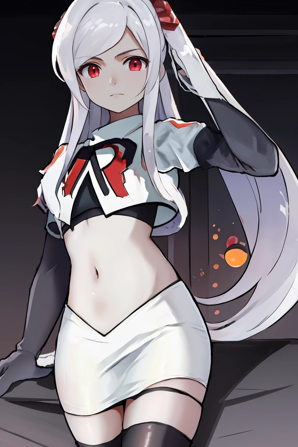 masterpiece, best quality, highres, 1girl hair ornament, team rocket,team rocket uniform, red letter R, white skirt,white crop top,black thigh-highs,black elbow gloves,